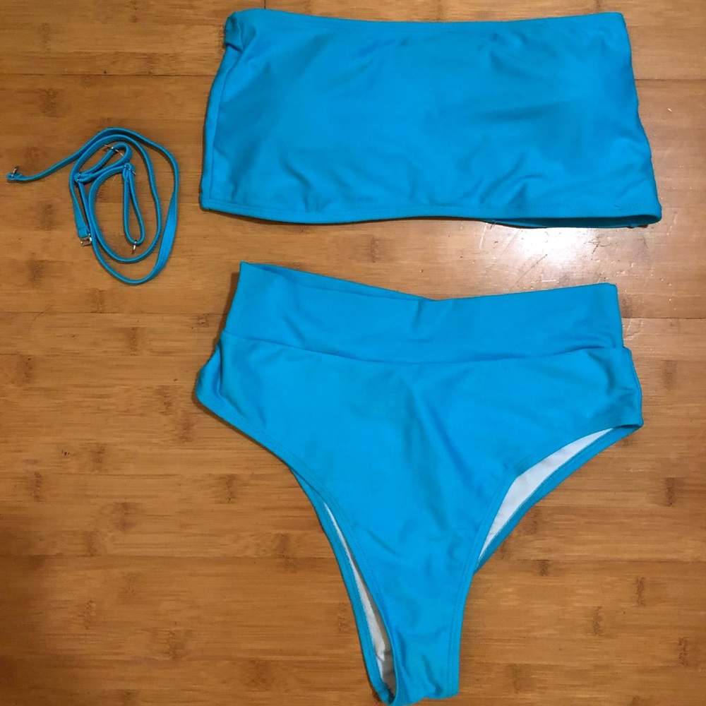 two piece high wasted bikini in blue